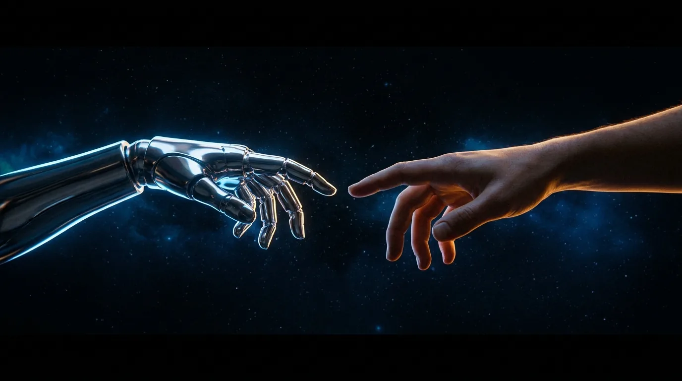 A chrome robotic hand and a human hand reaching toward each other in deep space, in the composition of Michelangelo's Creation of Adam.